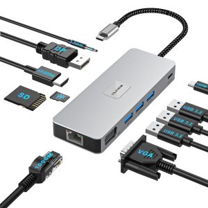 VILINICE 11-in-1 USB-C Docking Station, 4K HDMI, VGA, 3.2 USB Ports, 100W PD Charging, 1000 Mbps Gigabit Ethernet, SD/TF Card Reader, Aluminum Alloy Enclosure