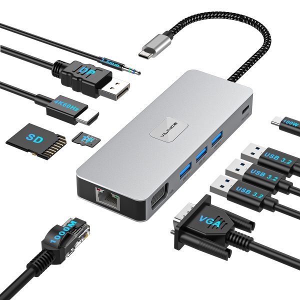 VILINICE 11-in-1 USB-C Docking Station, 4K HDMI, VGA, 3.2 USB Ports, 100W PD Charging, 1000 Mbps Gigabit Ethernet, SD/TF Card Reader, Aluminum Alloy Enclosure