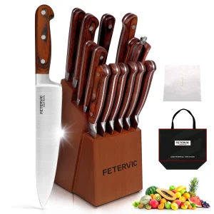 Knife Set -16 PCS High Carbon Kitchen Knife Sets Wooden Block with Chef Knife, 6 Pieces Steak Knives, Bread Knife, Sharpener Rod and Kitchen Scissors - Best Gift