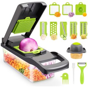 Upgrade Mini Vegetable Chopper, Multifunctional 13-in-1 Food Choppers Onion Chopper Vegetable Slicer Cutter Dicer Veggie chopper with 8 Blades,Colander Basket,Container for Salad Potato Carrot Garlic