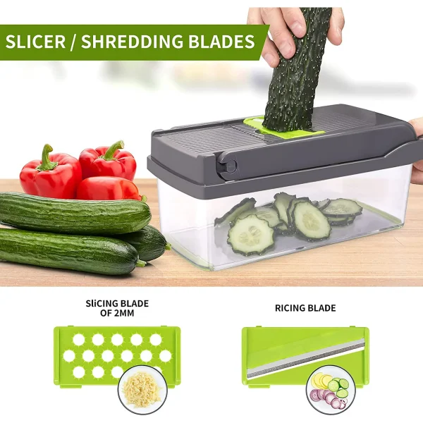 Upgrade Mini Vegetable Chopper, Multifunctional 13-in-1 Food Choppers Onion Chopper Vegetable Slicer Cutter Dicer Veggie chopper with 8 Blades,Colander Basket,Container for Salad Potato Carrot Garlic