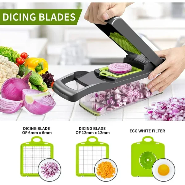 Upgrade Mini Vegetable Chopper, Multifunctional 13-in-1 Food Choppers Onion Chopper Vegetable Slicer Cutter Dicer Veggie chopper with 8 Blades,Colander Basket,Container for Salad Potato Carrot Garlic