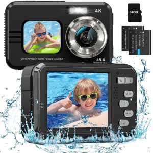 VILINICE Updated Waterproof Camera Underwater Camera 64GB Card Included Dual Screens Selfie 48MP 16X Digital Zoom Digital Camera Fill Light 11FT Underwater Camera for Snorkeling Kids with 2 Batteries