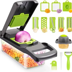 Vegetable Chopper, Multifunctional 13-in-1 Food Choppers Onion Chopper Vegetable Slicer Cutter Dicer Veggie chopper with 8 Blades,Colander Basket,Container for Salad Potato Carrot Garlic