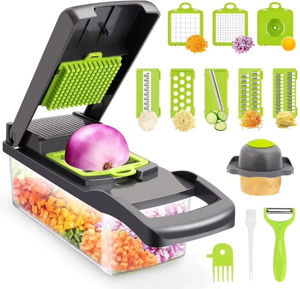 Vegetable Chopper, Multifunctional 13-in-1 Food Choppers Onion Chopper Vegetable Slicer Cutter Dicer Veggie chopper with 8 Blades,Colander Basket,Container for Salad Potato Carrot Garlic