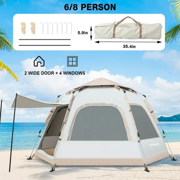 Upgrade 6-8 Family Tent with Removable Rain Fly and Carrying Bag, Waterproof, Easy Setup for Camping/Family Outdoor/Hiking/Backpacking/Beach