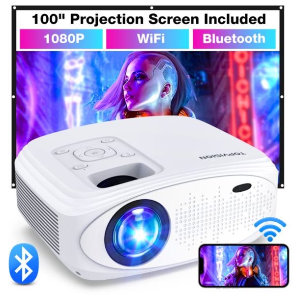 Mini Projector, WiFi Bluetooth Projector, 1080P Supported 4K Portable Home Theater & Outdoor Video Movie Projector Compatible with TV Stick, PS4,HDMI, VGA, AV, USB