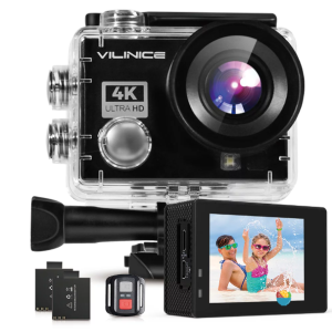 VILINICE 4K UHD WiFi Action Camera with 16MP, EIS Stabilization, and Accessories, Black (New)