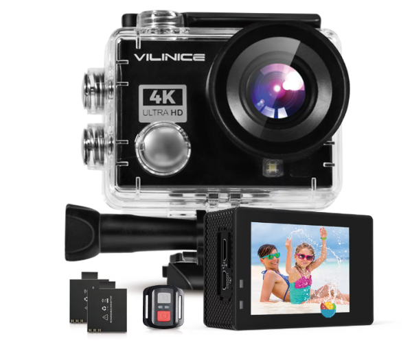 VILINICE 4K UHD WiFi Action Camera with 16MP, EIS Stabilization, and Accessories, Black (New)